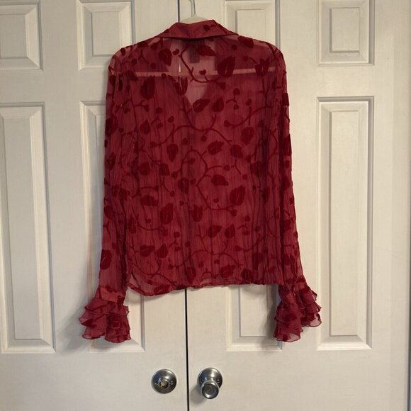 Vtg Forenza Women’s Top Sz 10 Sheer Floral Red Velvet Burnout Bell Sleeve Y2K - Picture 9 of 12